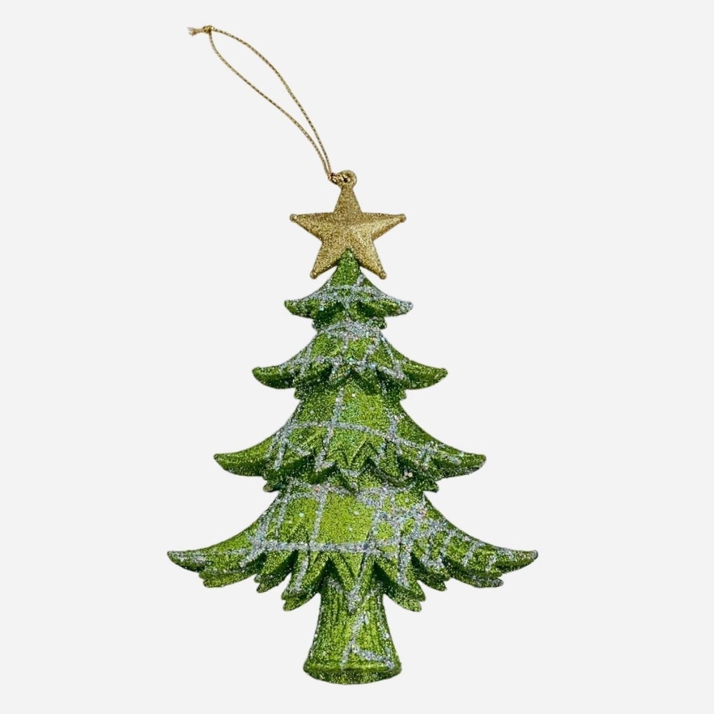 New Year Tree Green Gold Glittering Christmas Ornament 5.5" Resin Vintage VG
